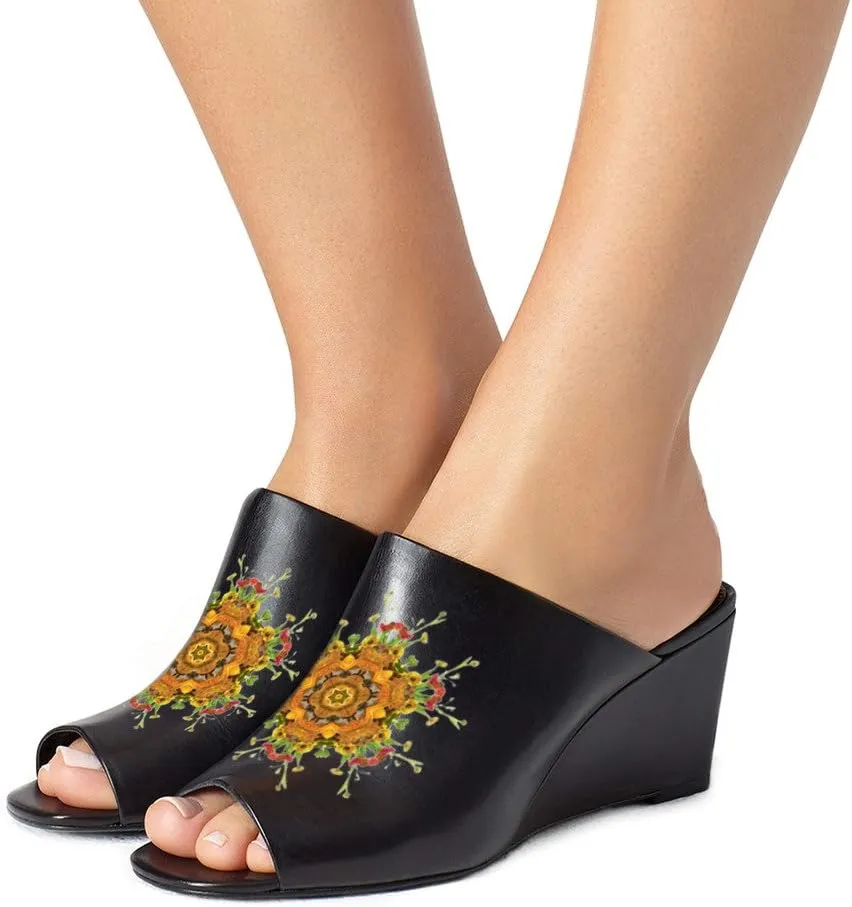 YDN Women Casual Peep Toe Slide Mules Wedge Heel Sandals Slip On Shoes