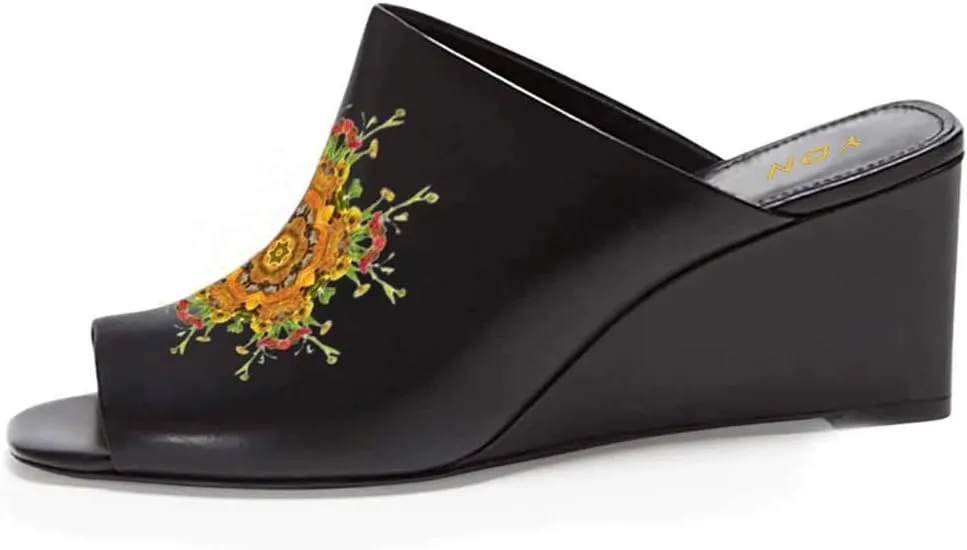 YDN Women Casual Peep Toe Slide Mules Wedge Heel Sandals Slip On Shoes