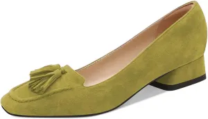 YDN Women Chunky Block Low Heel Loafers Square Toe Tassel Fringed Pump Slip On Dress Party Office Daily Shoe Size 4-15 US