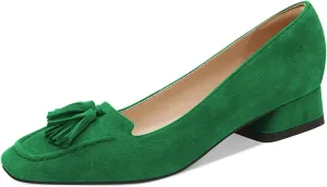 YDN Women Chunky Block Low Heel Loafers Square Toe Tassel Fringed Pump Slip On Dress Party Office Daily Shoe Size 4-15 US