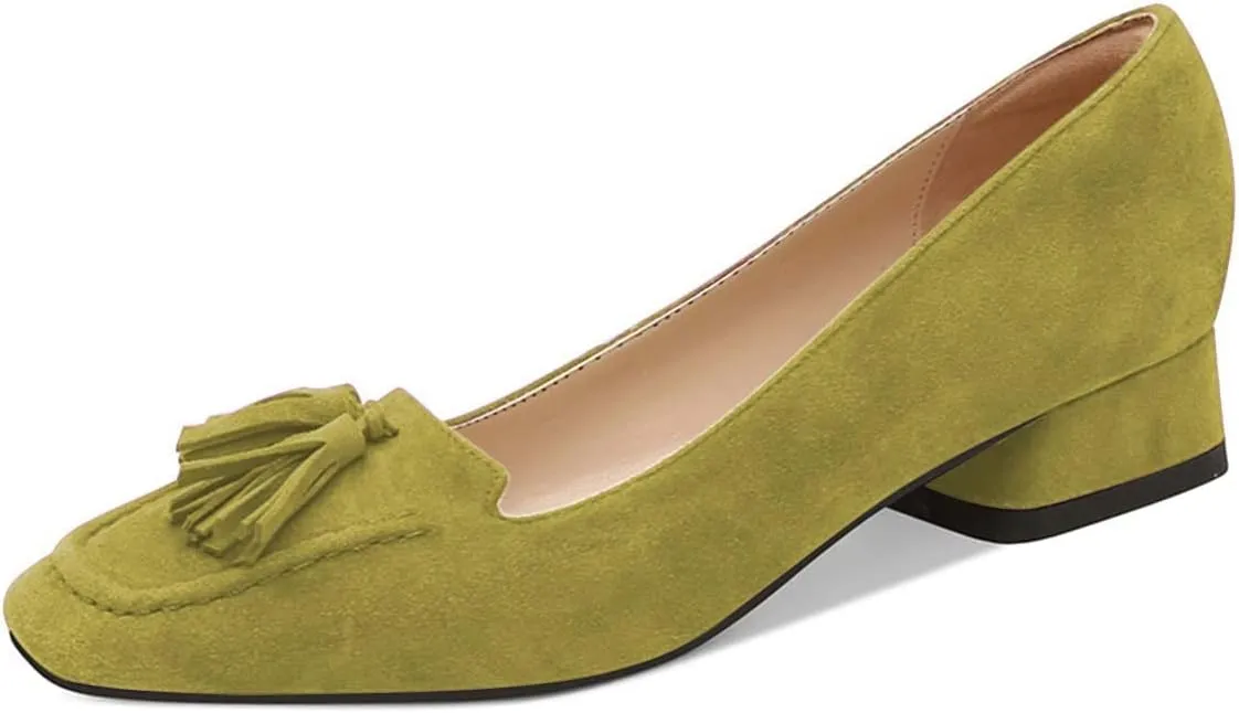 YDN Women Chunky Block Low Heel Loafers Square Toe Tassel Fringed Pump Slip On Dress Party Office Daily Shoe Size 4-15 US
