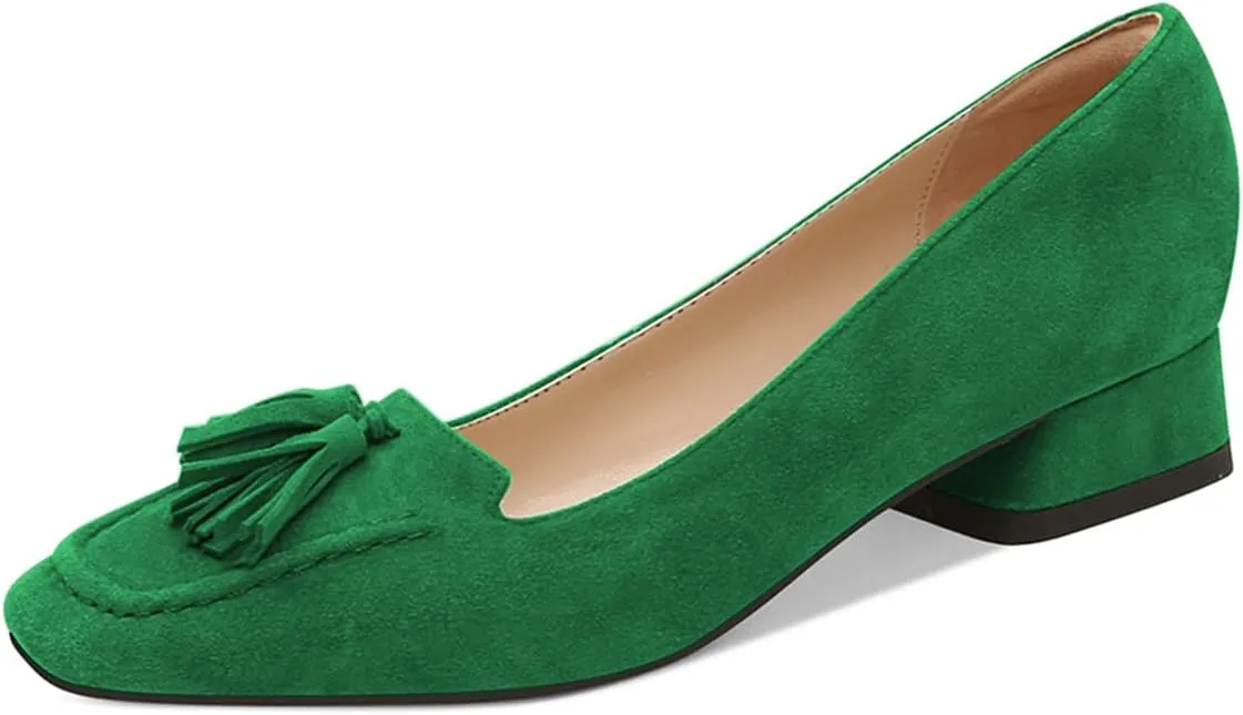 YDN Women Chunky Block Low Heel Loafers Square Toe Tassel Fringed Pump Slip On Dress Party Office Daily Shoe Size 4-15 US