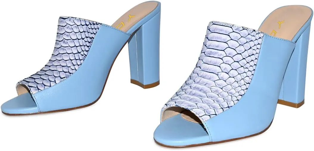 YDN Women Chunky High Heel Mules Peep Toe Slip on Slide Backless Sandals with Crocodile Print Dress Shoes Size 4-15 US
