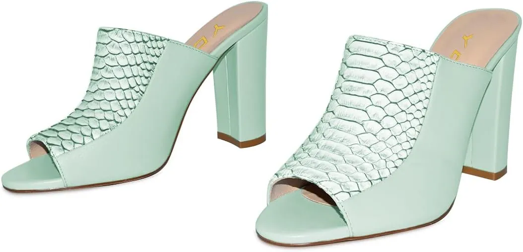 YDN Women Chunky High Heel Mules Peep Toe Slip on Slide Backless Sandals with Crocodile Print Dress Shoes Size 4-15 US