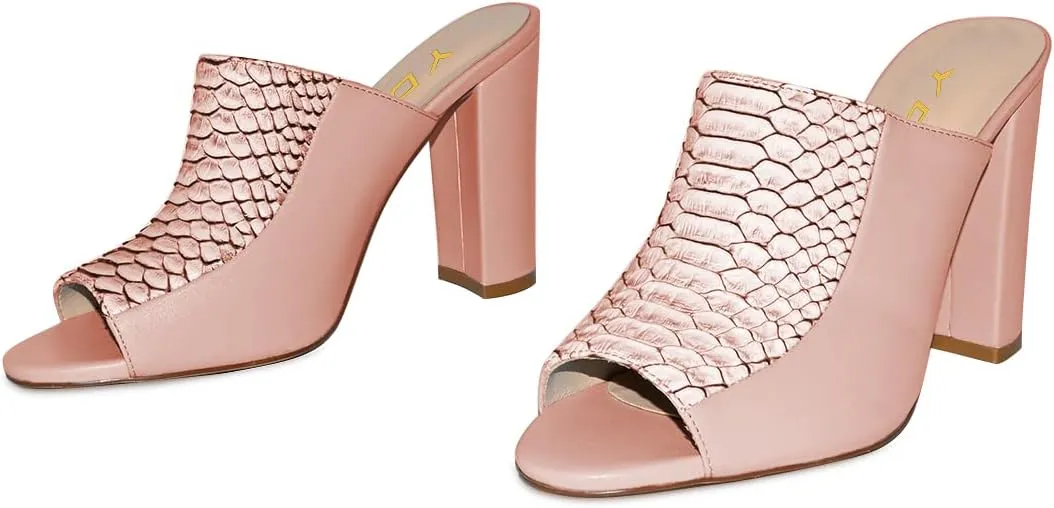 YDN Women Chunky High Heel Mules Peep Toe Slip on Slide Backless Sandals with Crocodile Print Dress Shoes Size 4-15 US
