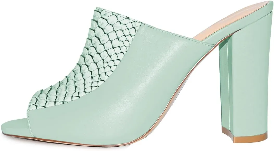YDN Women Chunky High Heel Mules Peep Toe Slip on Slide Backless Sandals with Crocodile Print Dress Shoes Size 4-15 US
