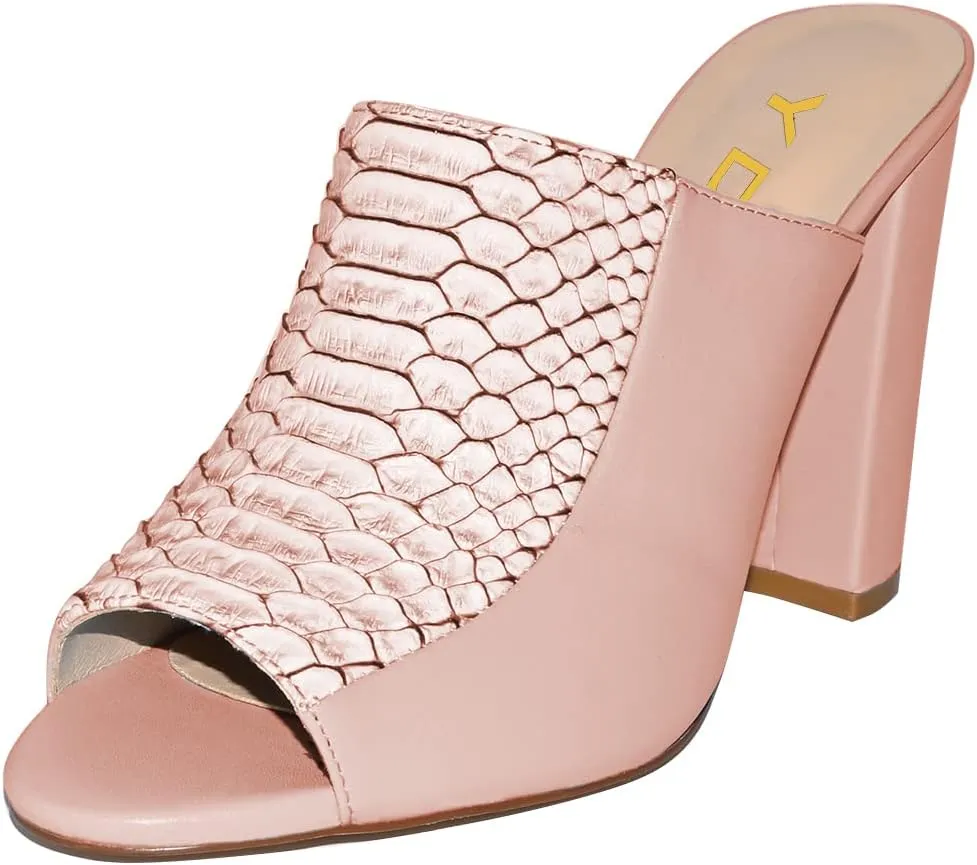 YDN Women Chunky High Heel Mules Peep Toe Slip on Slide Backless Sandals with Crocodile Print Dress Shoes Size 4-15 US