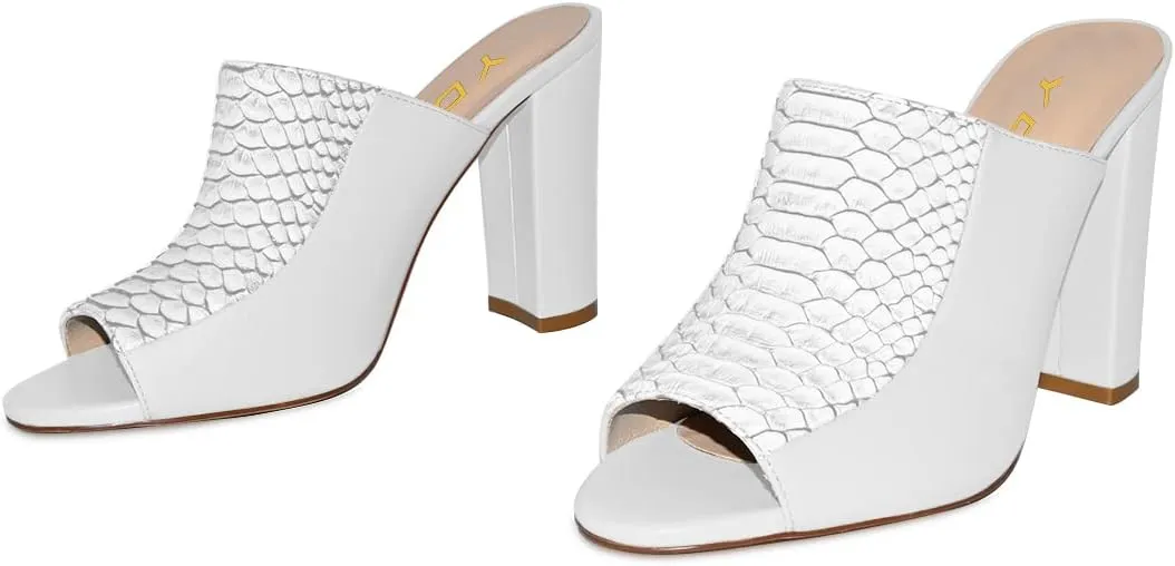 YDN Women Chunky High Heel Mules Peep Toe Slip on Slide Backless Sandals with Crocodile Print Dress Shoes Size 4-15 US