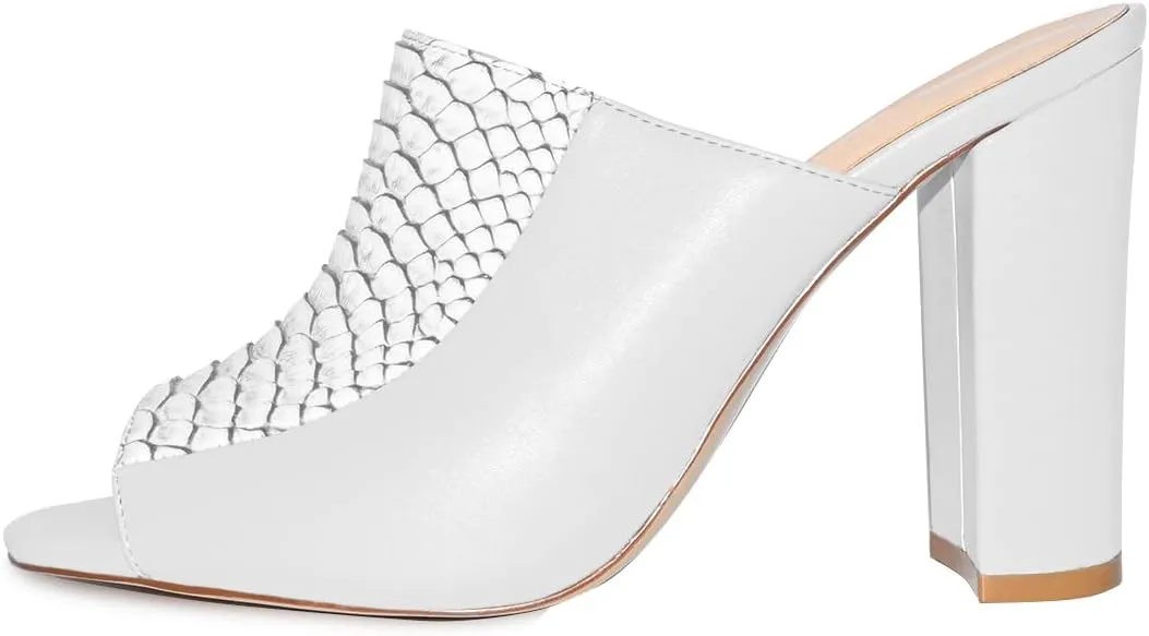 YDN Women Chunky High Heel Mules Peep Toe Slip on Slide Backless Sandals with Crocodile Print Dress Shoes Size 4-15 US