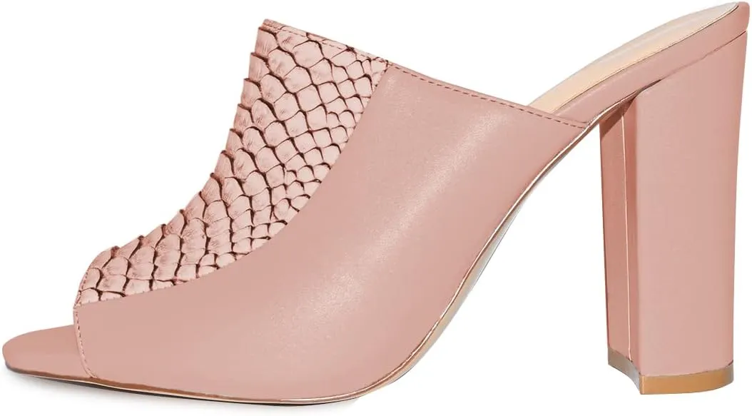 YDN Women Chunky High Heel Mules Peep Toe Slip on Slide Backless Sandals with Crocodile Print Dress Shoes Size 4-15 US