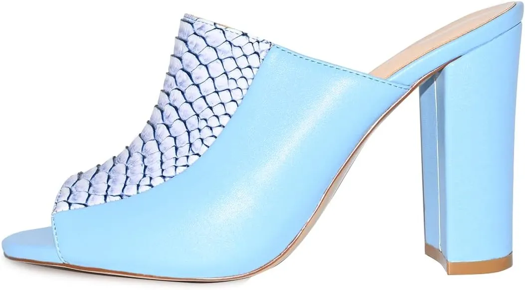 YDN Women Chunky High Heel Mules Peep Toe Slip on Slide Backless Sandals with Crocodile Print Dress Shoes Size 4-15 US