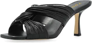 YDN Women Comfortable Open Squared Toe Slides Sandals Pleated Slip On Mid Thin Heeled Mules Casual Dress Summer Shoes Size 4-16 US