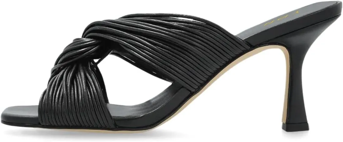 YDN Women Comfortable Open Squared Toe Slides Sandals Pleated Slip On Mid Thin Heeled Mules Casual Dress Summer Shoes Size 4-16 US