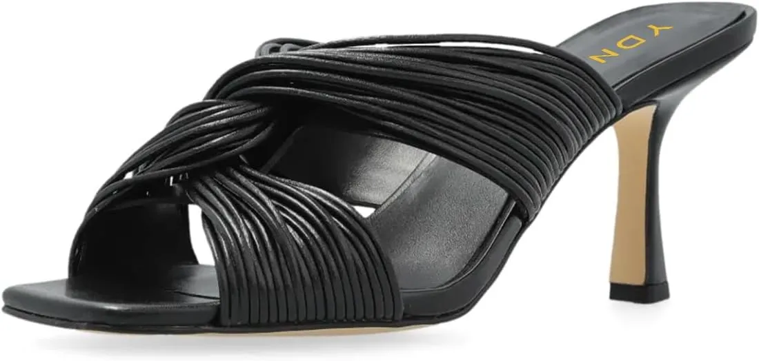 YDN Women Comfortable Open Squared Toe Slides Sandals Pleated Slip On Mid Thin Heeled Mules Casual Dress Summer Shoes Size 4-16 US