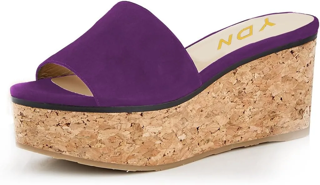 YDN Women Comfy Peep Toe Platform Sandals Slip on Cork Wedge High Heel Mules Beach Casual Outfit Shoes