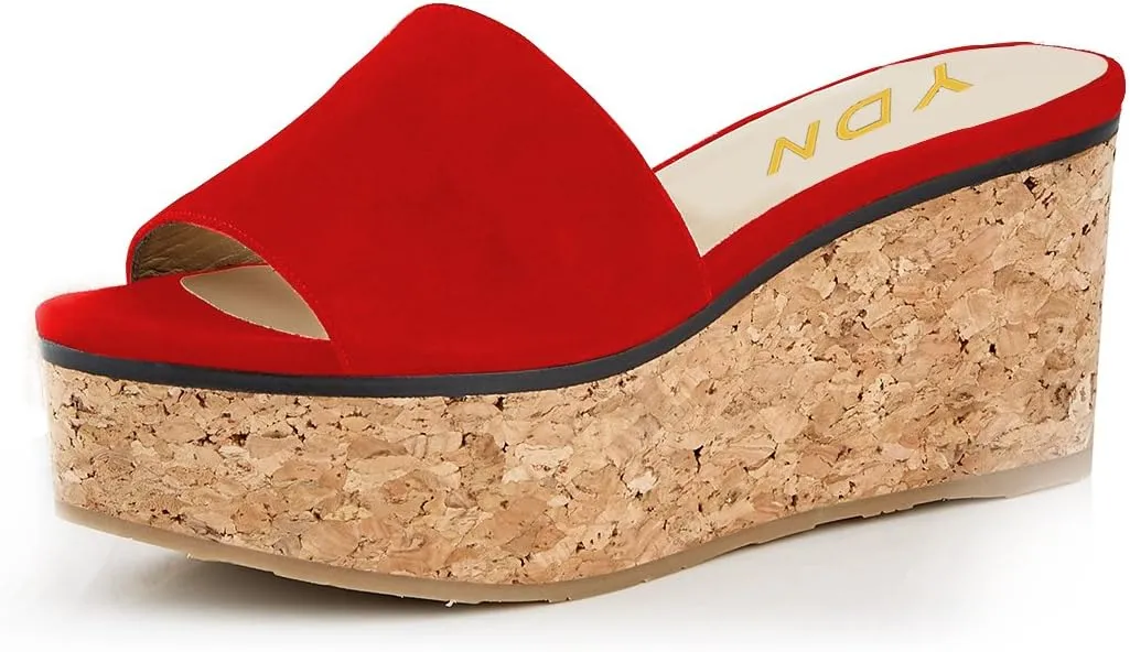YDN Women Comfy Peep Toe Platform Sandals Slip on Cork Wedge High Heel Mules Beach Casual Outfit Shoes