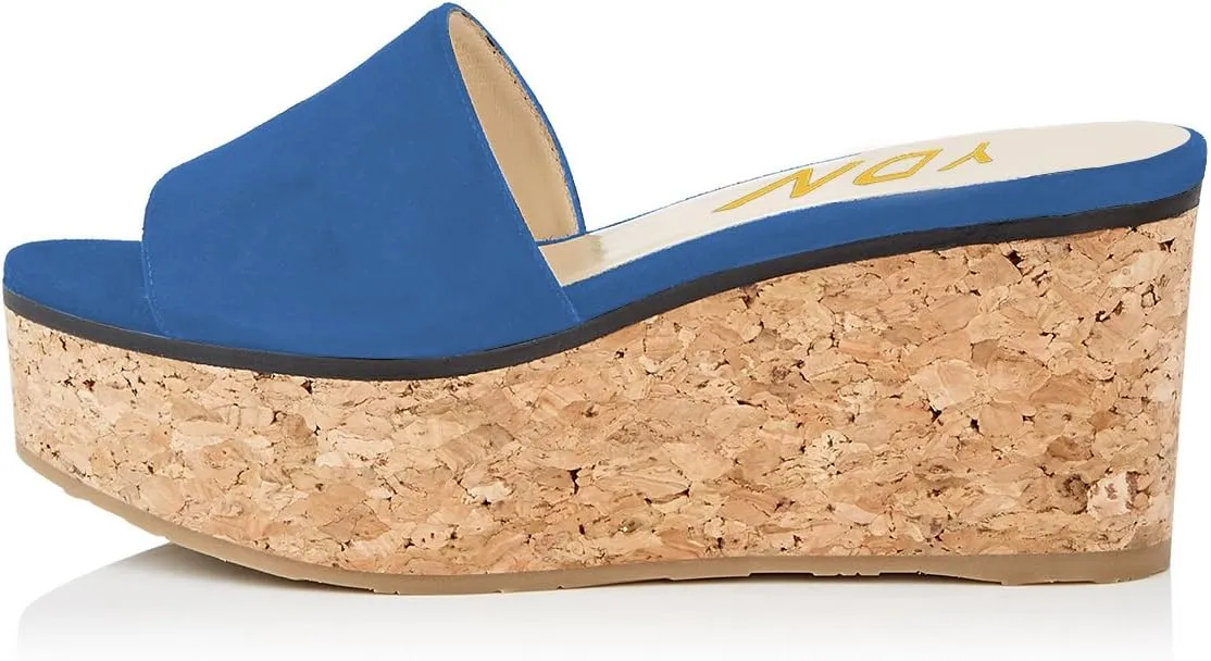 YDN Women Comfy Peep Toe Platform Sandals Slip on Cork Wedge High Heel Mules Beach Casual Outfit Shoes