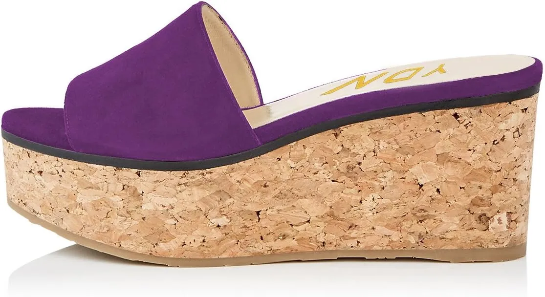 YDN Women Comfy Peep Toe Platform Sandals Slip on Cork Wedge High Heel Mules Beach Casual Outfit Shoes