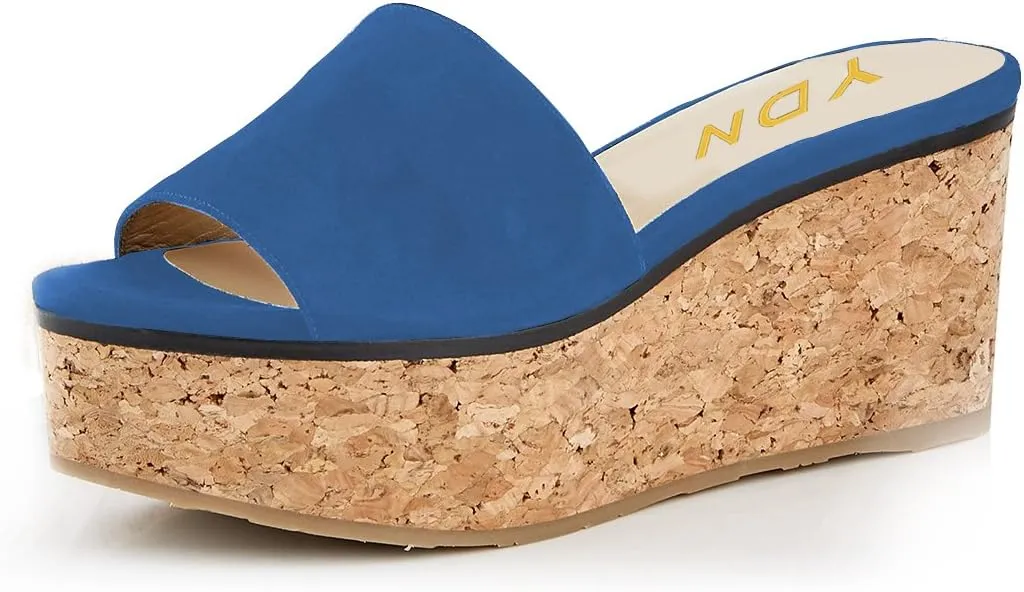 YDN Women Comfy Peep Toe Platform Sandals Slip on Cork Wedge High Heel Mules Beach Casual Outfit Shoes