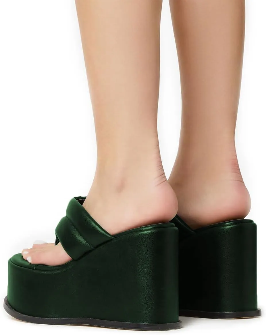 YDN Women Dressy Platform Mules Round Open Toe Slip On Sandals Wide Strap Flip Flop Slippers Wedge High Heels Shoes Party Daily Size 4-15 US