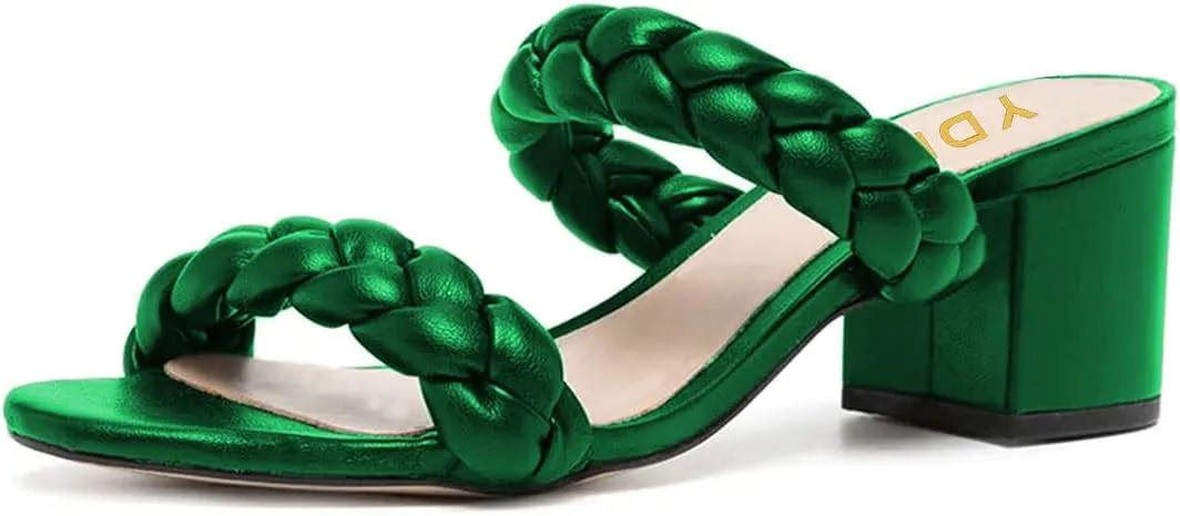 YDN Women Open Toe Braided Mules Double Band Chunky Low Heel Sandals Beach Casual Dress Shoes Size 4-15 US