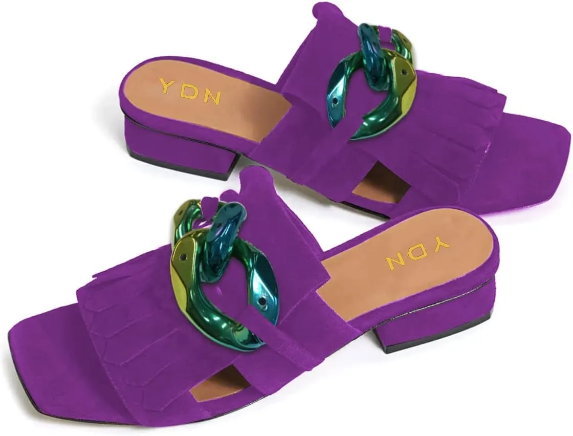 YDN Women Open Toe Tassel Mules Chunky Low Heel Sandal Slippers Fashion Chain Casual Beach Shoe Size 4-15 US