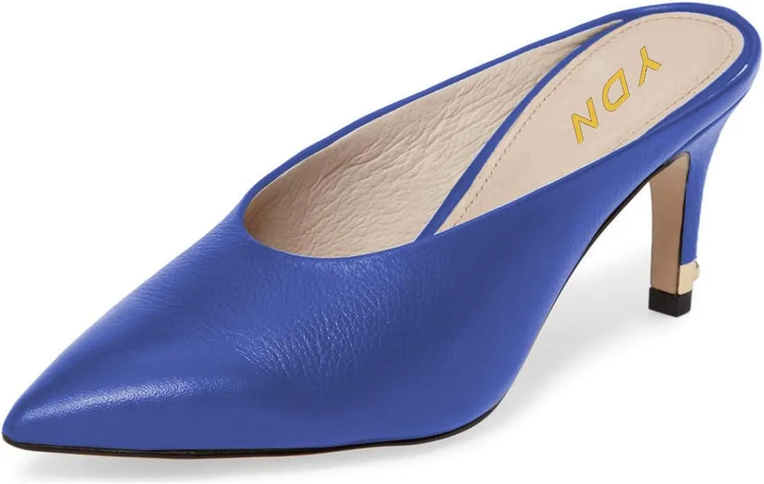YDN Women Pointed Toe Thin Mid Heel Backless Mules Pumps Slip On Slide Dress Shoes