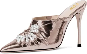 YDN Women Slip On Mules Pointed Toe Stiletto High Heel Sandals Pearls Bow Dance Prom Shoes Size 4-15 US