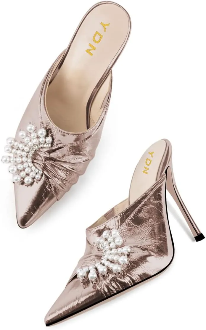 YDN Women Slip On Mules Pointed Toe Stiletto High Heel Sandals Pearls Bow Dance Prom Shoes Size 4-15 US