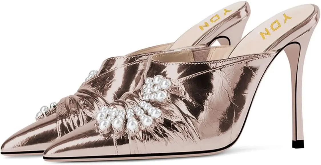 YDN Women Slip On Mules Pointed Toe Stiletto High Heel Sandals Pearls Bow Dance Prom Shoes Size 4-15 US