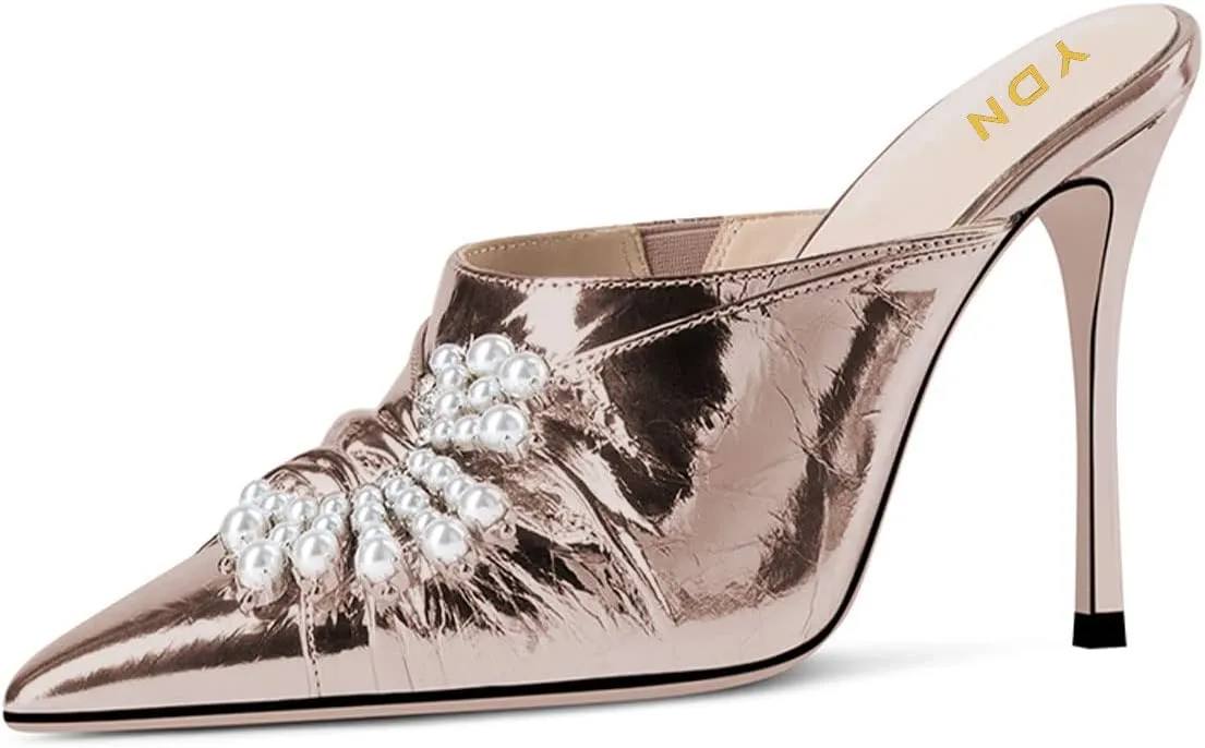 YDN Women Slip On Mules Pointed Toe Stiletto High Heel Sandals Pearls Bow Dance Prom Shoes Size 4-15 US
