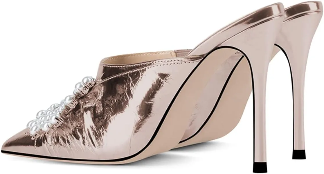 YDN Women Slip On Mules Pointed Toe Stiletto High Heel Sandals Pearls Bow Dance Prom Shoes Size 4-15 US