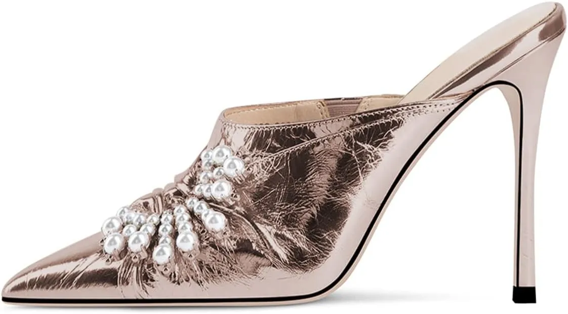 YDN Women Slip On Mules Pointed Toe Stiletto High Heel Sandals Pearls Bow Dance Prom Shoes Size 4-15 US