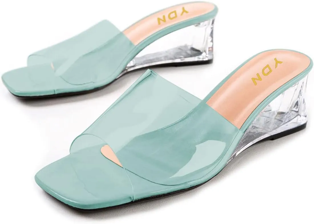 YDN Women Square Open Toe Wedge Heel Mules Slip on Transparent Sandals Dress Casual Comfort Beach Shoes Size 4-15 US