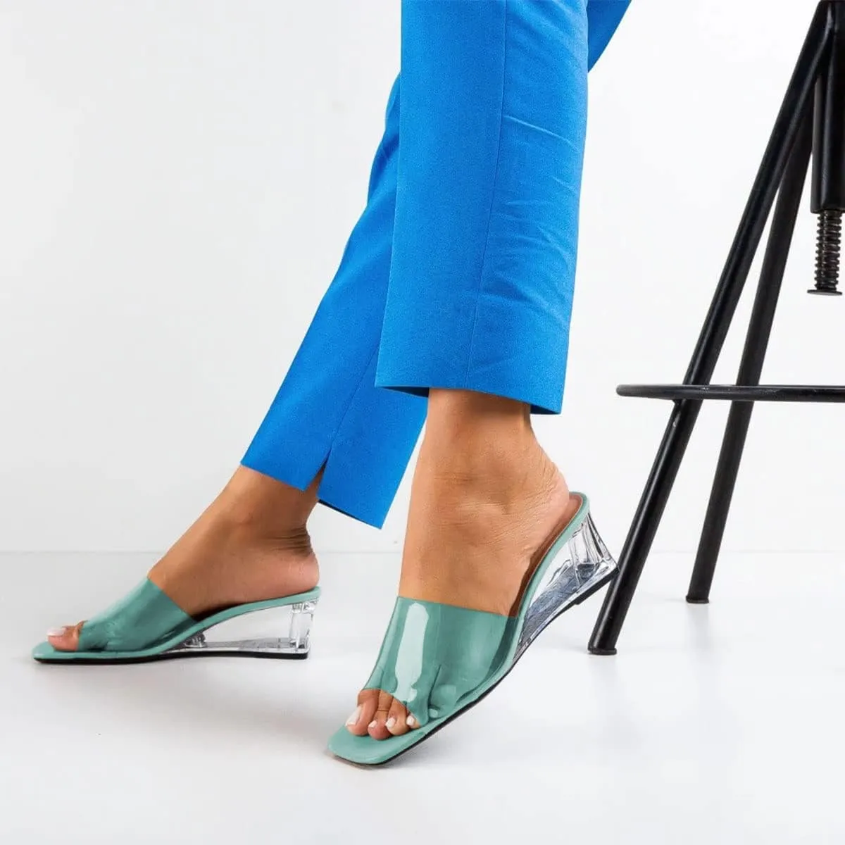 YDN Women Square Open Toe Wedge Heel Mules Slip on Transparent Sandals Dress Casual Comfort Beach Shoes Size 4-15 US