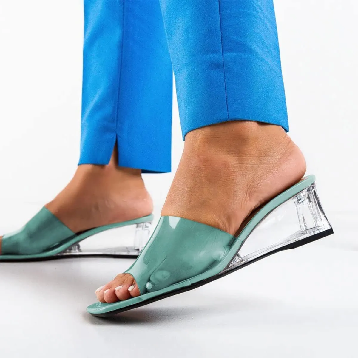 YDN Women Square Open Toe Wedge Heel Mules Slip on Transparent Sandals Dress Casual Comfort Beach Shoes Size 4-15 US