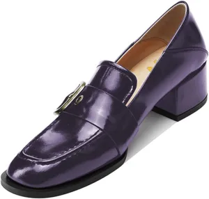 YDN Women Square Toe Heeled Loafers Slip on Block Low Heel Pumps Buckle Fashion Formal Wear Shoes Size 4-15 US