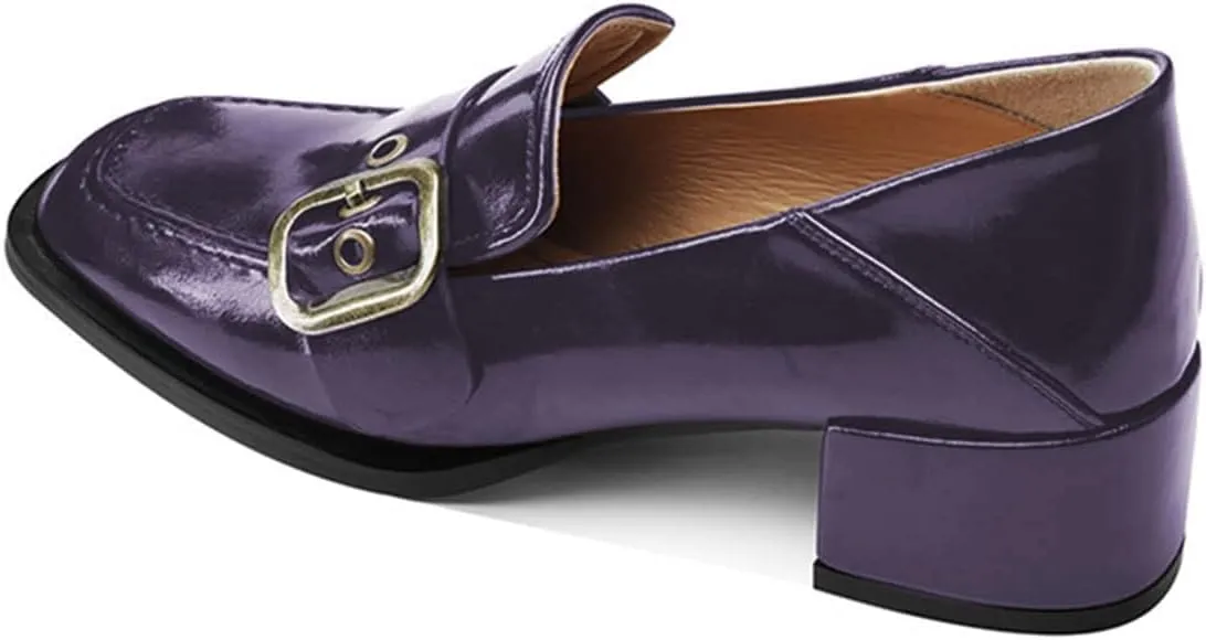 YDN Women Square Toe Heeled Loafers Slip on Block Low Heel Pumps Buckle Fashion Formal Wear Shoes Size 4-15 US