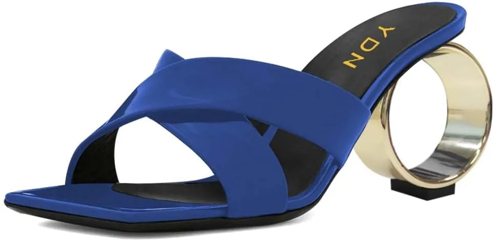 YDN Women Squre Open Toe Mules Slip on Metal Circle High Heels Cross Strap Outdoor Dressy Slipper Shoes Size 4-15 US