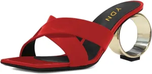 YDN Women Squre Open Toe Mules Slip on Metal Circle High Heels Cross Strap Outdoor Dressy Slipper Shoes Size 4-15 US