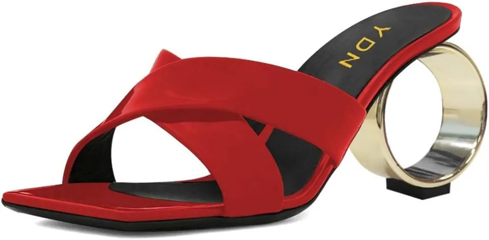 YDN Women Squre Open Toe Mules Slip on Metal Circle High Heels Cross Strap Outdoor Dressy Slipper Shoes Size 4-15 US