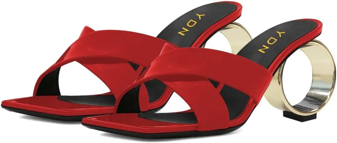 YDN Women Squre Open Toe Mules Slip on Metal Circle High Heels Cross Strap Outdoor Dressy Slipper Shoes Size 4-15 US