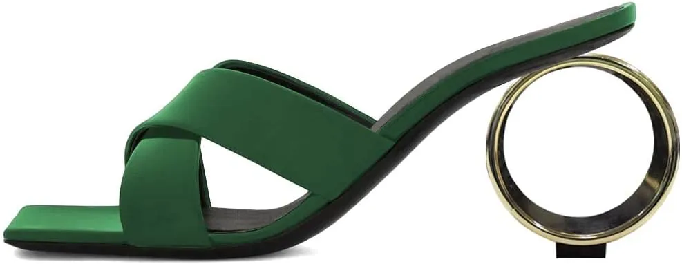 YDN Women Squre Open Toe Mules Slip on Metal Circle High Heels Cross Strap Outdoor Dressy Slipper Shoes Size 4-15 US