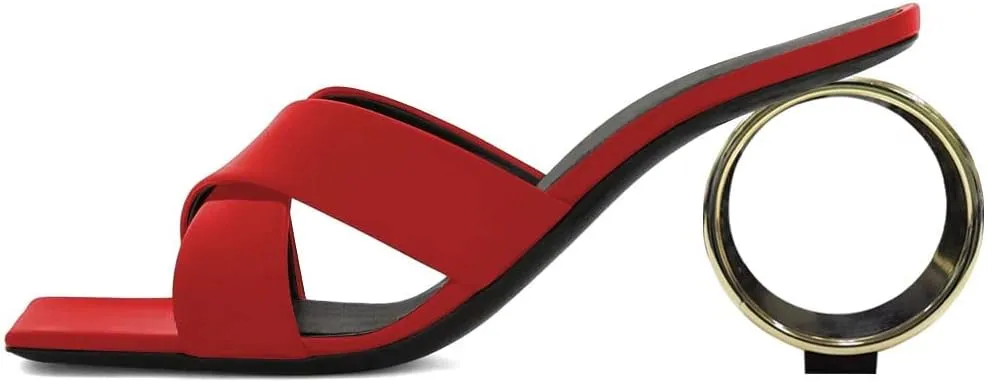 YDN Women Squre Open Toe Mules Slip on Metal Circle High Heels Cross Strap Outdoor Dressy Slipper Shoes Size 4-15 US