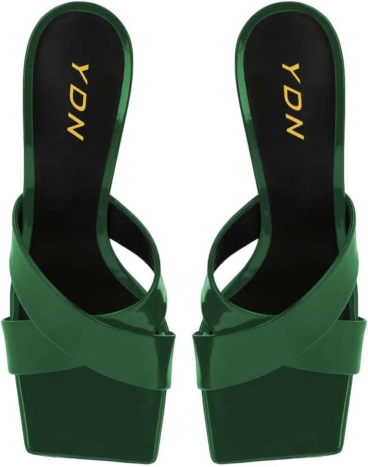 YDN Women Squre Open Toe Mules Slip on Metal Circle High Heels Cross Strap Outdoor Dressy Slipper Shoes Size 4-15 US