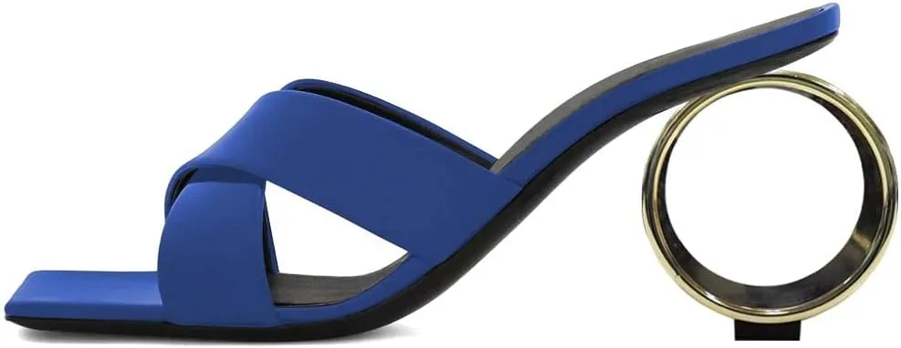 YDN Women Squre Open Toe Mules Slip on Metal Circle High Heels Cross Strap Outdoor Dressy Slipper Shoes Size 4-15 US