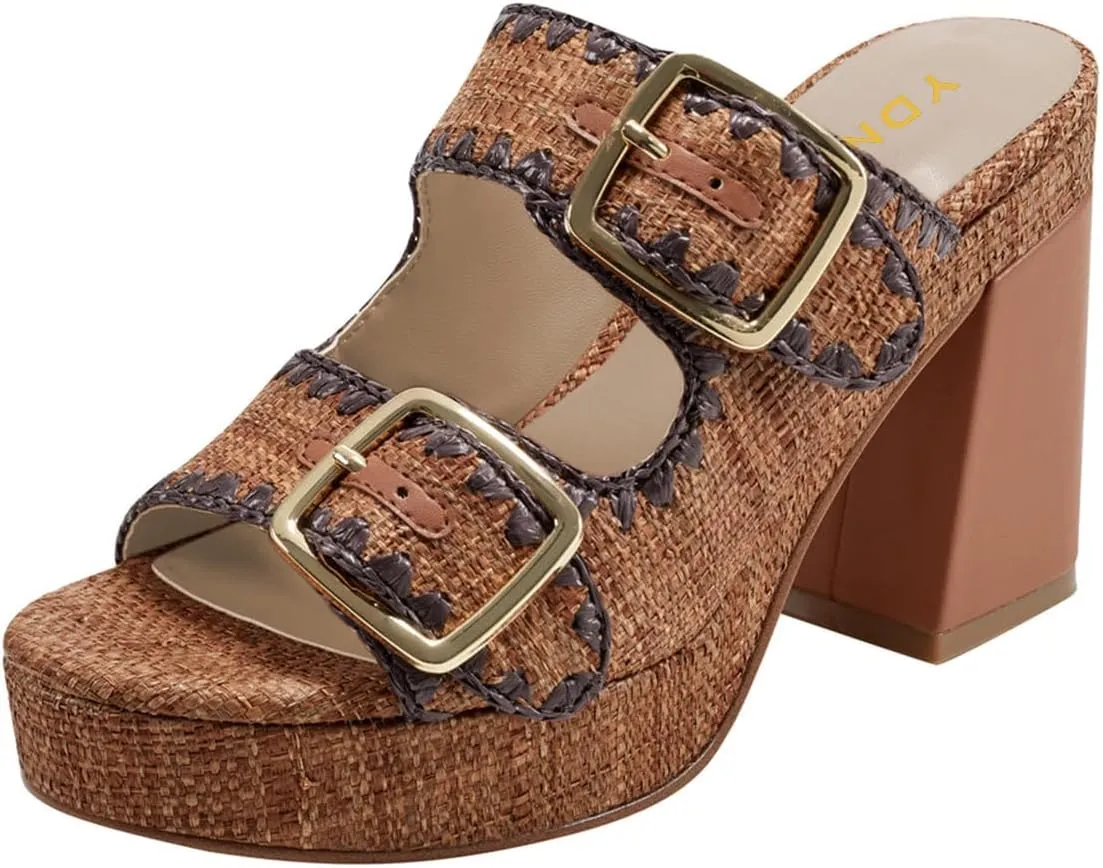 YDN Women's Chunky Platform Open Toe Slip On Mules High Heel Double Strap Buckle Sandals Daily Dress Prom Shoes Size 4-16 US