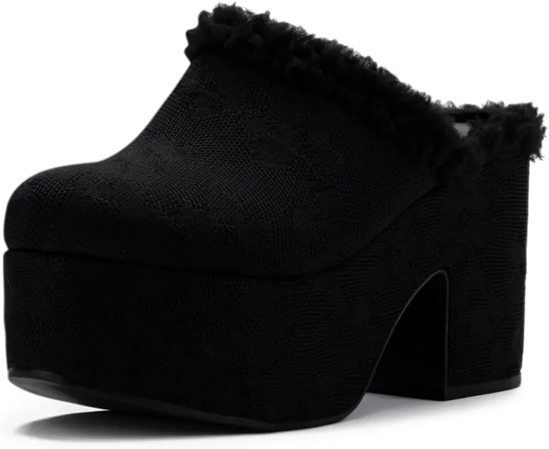 YDN Women's Closed Round Toe Platfomr Mules with Fur Chunky Block High Heels Slip On Comfort Slippers Long Time Walk Slide Sandals Shoes Size 4-16 US