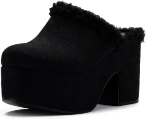 YDN Women's Closed Round Toe Platfomr Mules with Fur Chunky Block High Heels Slip On Comfort Slippers Long Time Walk Slide Sandals Shoes Size 4-16 US