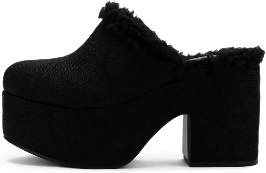 YDN Women's Closed Round Toe Platfomr Mules with Fur Chunky Block High Heels Slip On Comfort Slippers Long Time Walk Slide Sandals Shoes Size 4-16 US